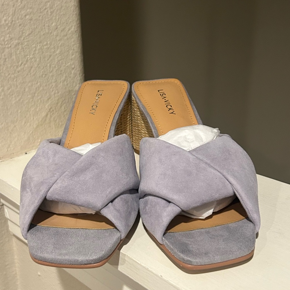 Lisa Vicky IMPRESS Platform Slide Sandals Womens 8.5M Lavender Suede Block Heel - Picture 7 of 10